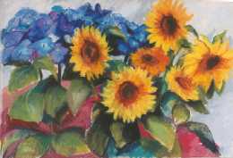 Sonnenblumen und blaue Hortensien - Alice Herold - Pastell
